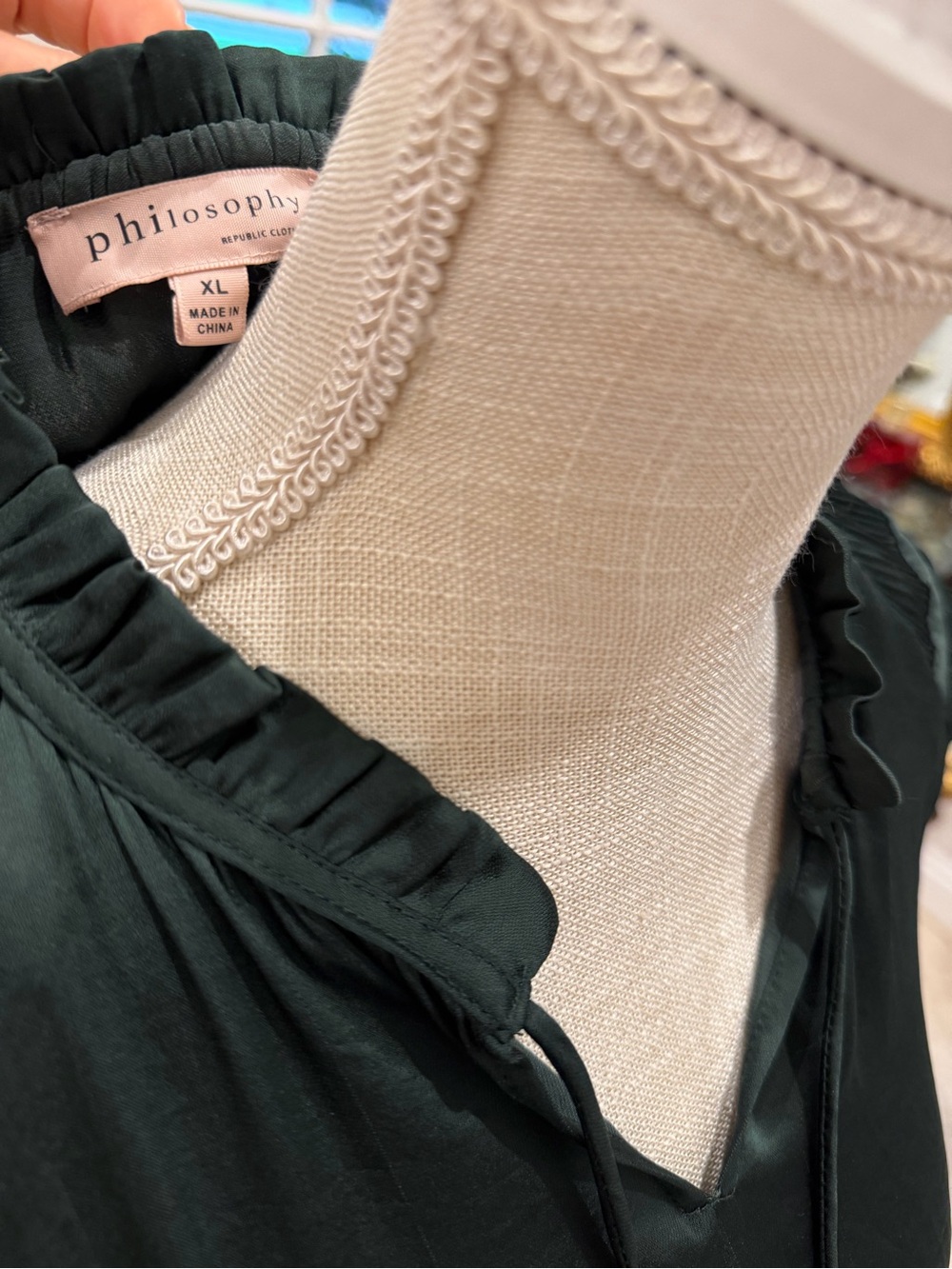 Philosophy Deep Forest Green Ruffle-Trim V-Neck Blouse with tie